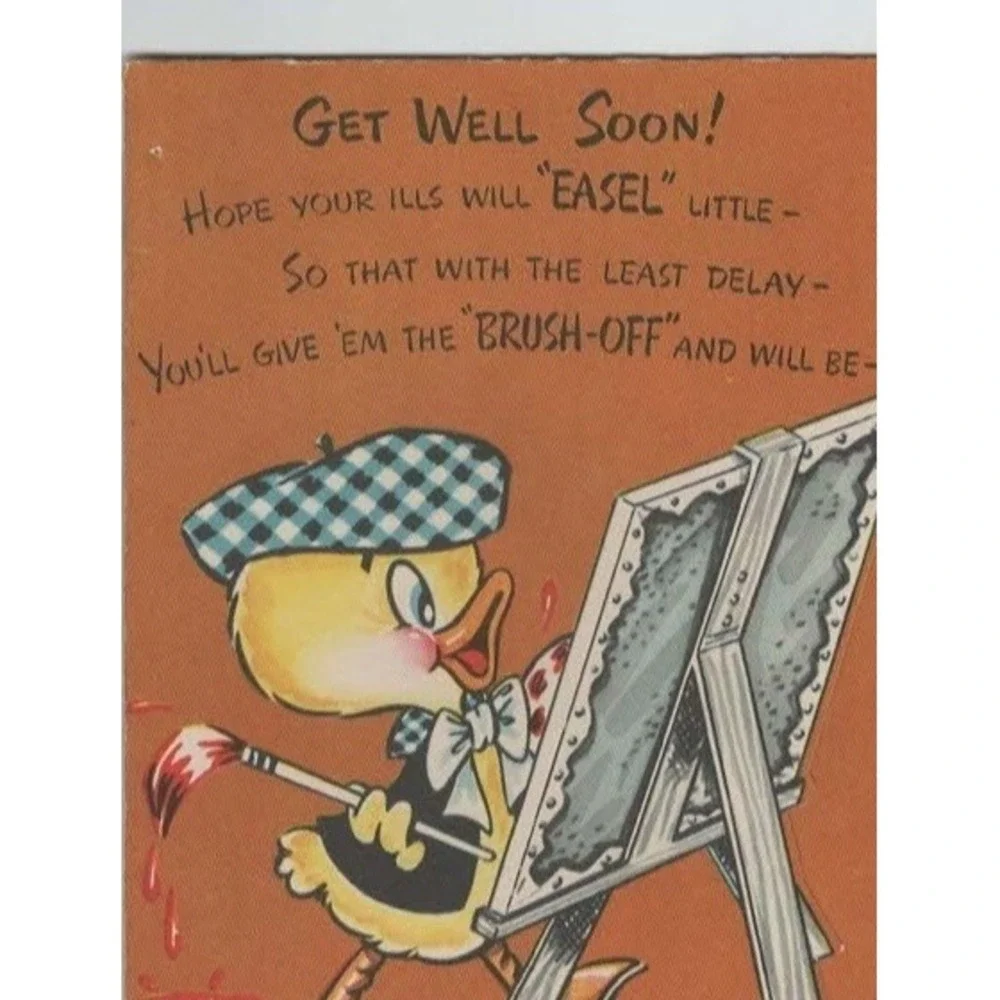 Vtg Mid-Century Get Well Greeting Card Duck Artist Painter Pun Illustration